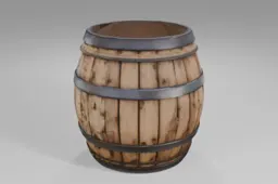 Large wooden barrel reinforced with dark metal bands stands upright, showing