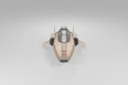 Futuristic spacecraft with a red and beige striped body is shown from the