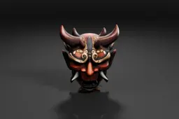 Detailed oni mask with large horns, ornate gold patterns, sharp fangs, and a