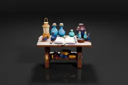Small wooden table with a variety of decorative items on it