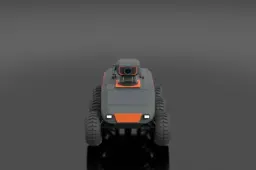 Compact all-terrain scout drone, matte gray and orange chassis, rugged tires