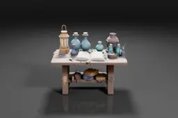 Small wooden table with a variety of decorative items on it
