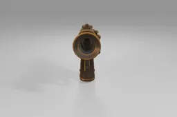 Steampunk-inspired pistol with brass gears, a wooden handle, and a blue