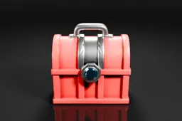 Red plastic toolbox with a silver handle and a blue gemstone in the center