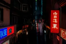 Narrow street at night, with buildings on either side