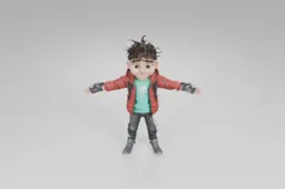 Stylized cartoon boy with spiky dark hair stands smiling with arms wide open