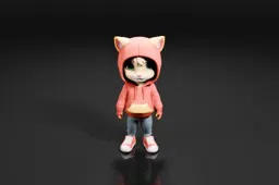 Small figurine of a cat wearing a pink hoodie with a cat's head on top