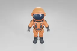 Character wearing a bright orange space suit with black gloves and boots