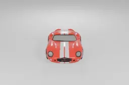 Red sports car with white stripes on the hood and body