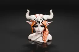 Bust of a woman with long orange hair and horns on her head