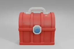Bright red treasure chest with a curved lid and white handle, decorated with