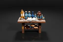Wooden table with a variety of decorative items on it