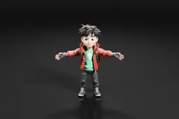 Toy figure of a young boy with black hair and a red jacket
