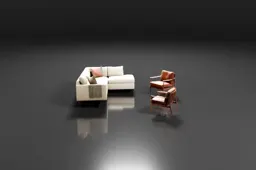 Beige sectional sofa, abstract wall art, wooden sideboard, brown leather