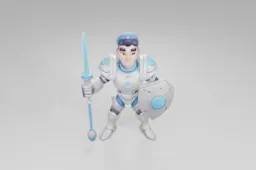 Determined cartoon knight stands confidently with a glowing blue sword and
