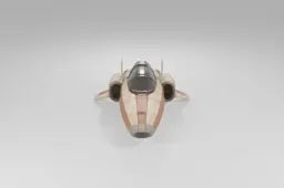 Futuristic spacecraft with a red and beige striped body is shown from the