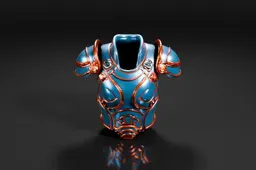 Glossy blue and orange armored chest plate features geometric accents and