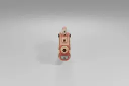 Stylized toy blaster features a chunky red and beige body with playful