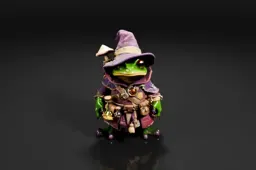 Green frog wearing a purple witch hat and a purple robe