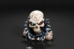 Skull-like figure with red eyes and sharp teeth