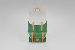 Green backpack featuring a large front flap, bright orange straps, a front
