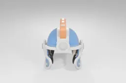 Blue and white helmet with an orange strap on top