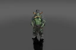 Stocky orc marauder in scavenged iron plate armor, tusked jaw and warpaint