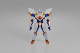 Futuristic humanoid robot clad in white, blue, and orange armor stands