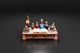 Wooden alchemist’s workbench is covered with glass bottles, vials, blue and