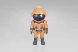 Character wearing a bright orange space suit with black gloves and boots