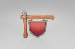 Axe with a wooden handle and a metal shield attached to it