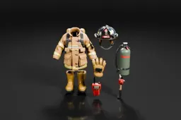 Toy figure of a firefighter wearing a full-body uniform with a helmet and a