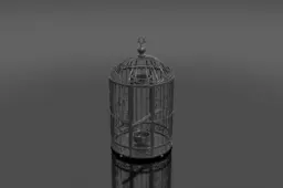 Ornate Victorian birdcage in wrought iron with scrollwork detailing and a