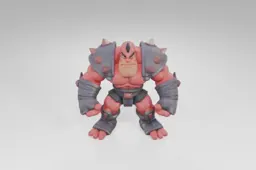Muscular cartoon warrior with bright red skin and a fierce expression stands