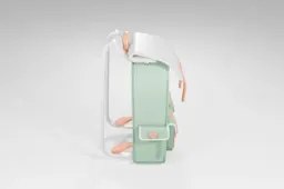 Green and white backpack with a white strap