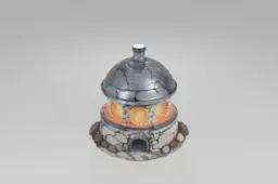 Round stone furnace structure with glowing orange circular windows, cracked