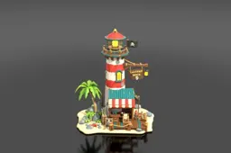 Cartoonish pirate-themed lighthouse called "Lantern Rock" on a tiny tropical