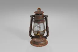 Rusty metal lantern with a cracked glass enclosure stands upright, showing
