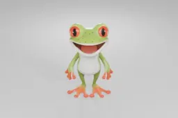 Cheerful cartoon frog with bright orange eyes, green spotted skin, a white