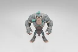 Muscular cartoon monster with glowing orange eyes, rocky skin covered in blue