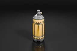 Cylindrical object with a metallic body and a yellow and black striped
