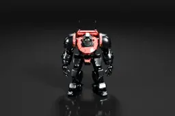 Heavily armored gray and red mech stands facing forward with bulky shoulders