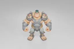 Muscular cartoon warrior stands with a fierce expression, armored in gray