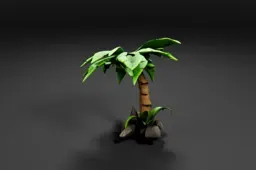 Cartoon-style palm tree with large green leaves, coconuts, and rocks at the base