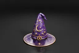 Small, purple witch hat with a pointed brim and a crescent moon on top