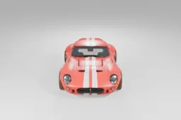 Classic sports car with a vivid red body and dual white racing stripes is