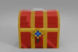 Shiny red treasure chest with a white handle and a blue hexagonal emblem on