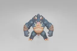 Cartoonish, muscular minotaur creature with dark blue fur, orange accents