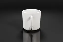 Photograph of a white ceramic mug with a handle