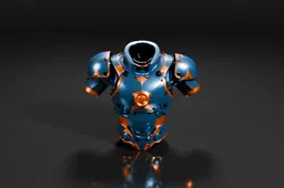 Glossy blue and orange armored chest plate features geometric accents and